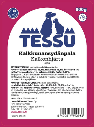 TESSU Kalkkunansydänpala täydennysrehu 800g - Muut koiran raakaruoat - 6420614798850 - 1