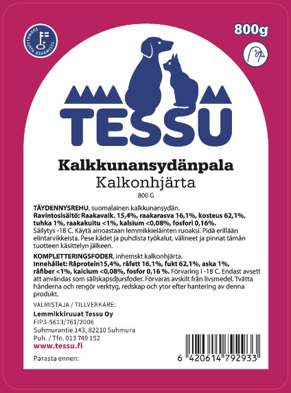 TESSU Kalkkunansydänpala täydennysrehu 800g - Muut koiran raakaruoat - 6420614798850 - 1