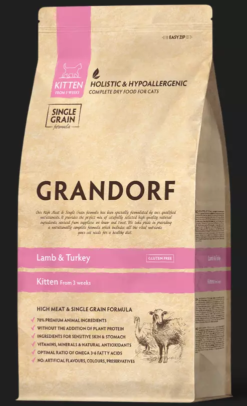 Grandorf Cat Lamb & Turkey Kitten kissanpennuille 2kg - Kissan erikoiskuivaruoat - 5407007851201 - 1