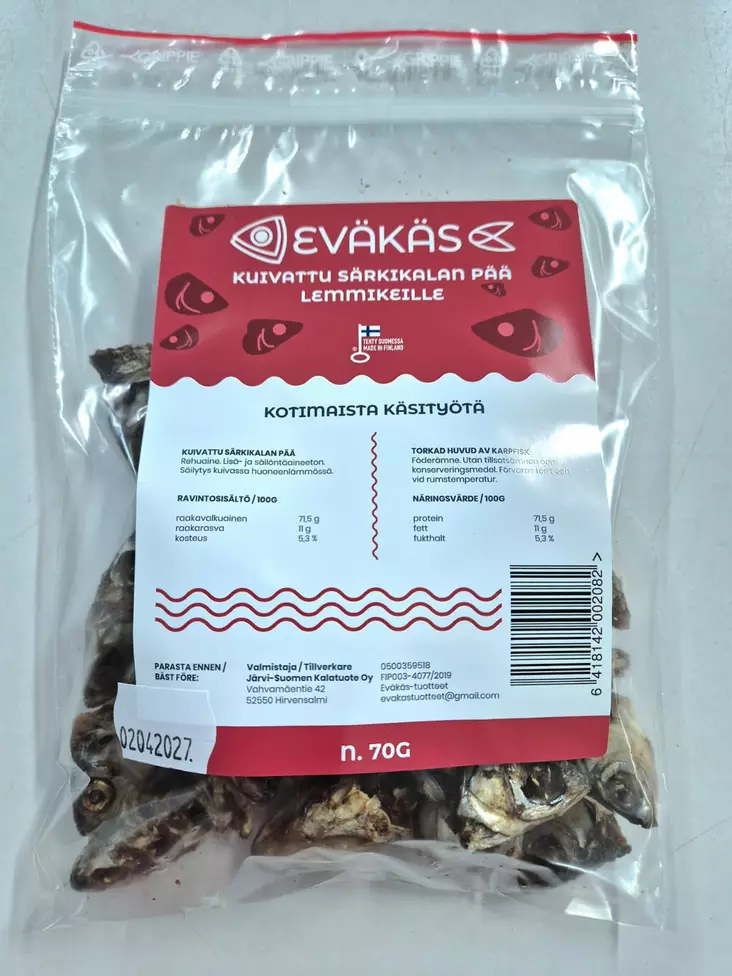 Eväkäs Kuivattu Särkikalan pää 70g - Koiran herkut - 6418142002082 - 1