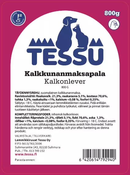 Tessu Kalkkunanmaksapala 800g täydennysrehu - Muut koiran raakaruoat - 6420614798843 - 1