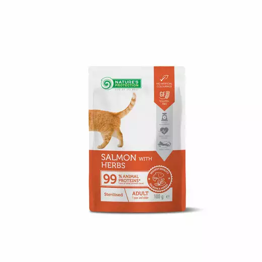 Natures Protection CAT Adult Sterilised Lohi & yrtit 100 g - Märkäruokapussit - 4779051636594 - 1