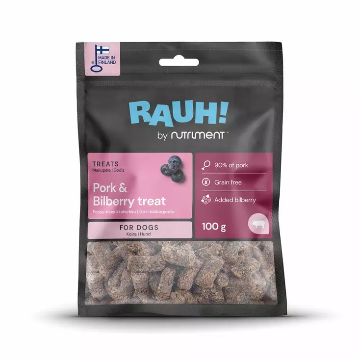 RAUH! Pork-Bilberry Treat Possu-Mustikka Herkku koiraherkku 100g - Koiran herkut - 6438047714026 - 1