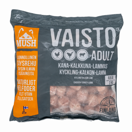 MUSH Vaisto Adult Harmaa Kana-Kalkkuna-lammas koiran täysravinto 3kg - MUSH koiran pakasteruoat - 6430023293228 - 1