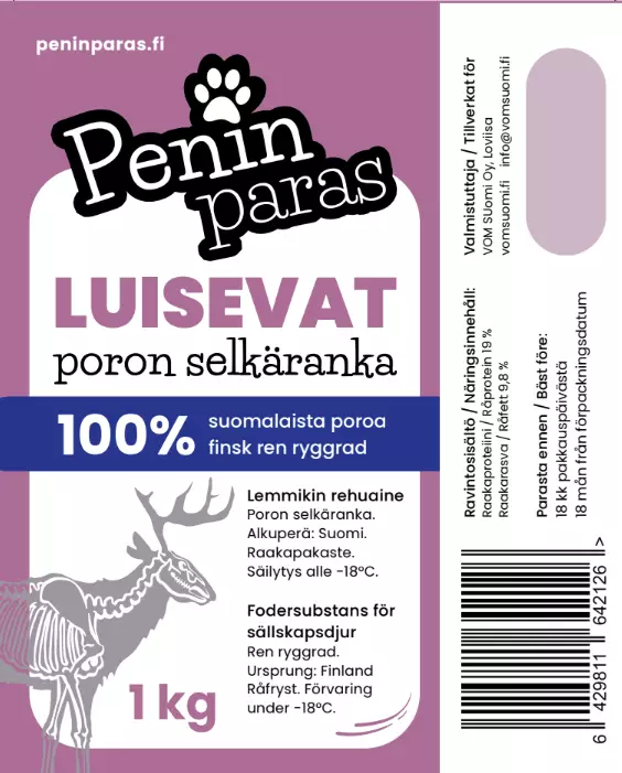 Penin paras poron selkäranka 1kg - Muut koiran raakaruoat - PENINPOROSELKA - 1